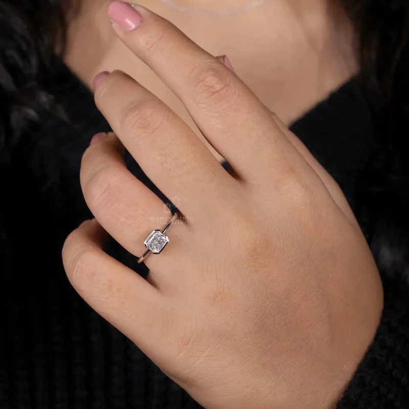 1.01 CT Radiant Cut Lab Grown Diamond Ring, Half Bezel East to West Setting vy 3