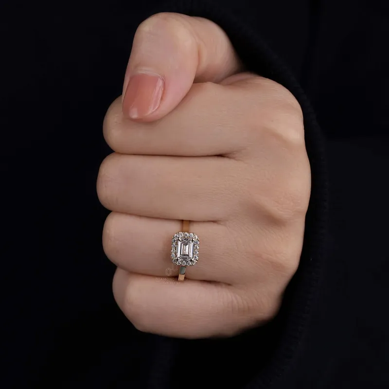 1.02 CT Emerald Cut D/VVS2 Lab Grown Diamond Halo Engagement Ring, Cathedral Set Ring vy 2