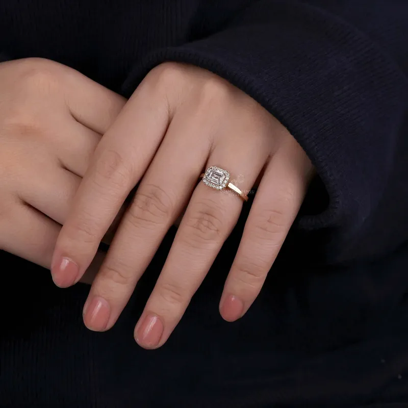 1.02 CT Emerald Cut D/VVS2 Lab Grown Diamond Halo Engagement Ring, Cathedral Set Ring vy 8