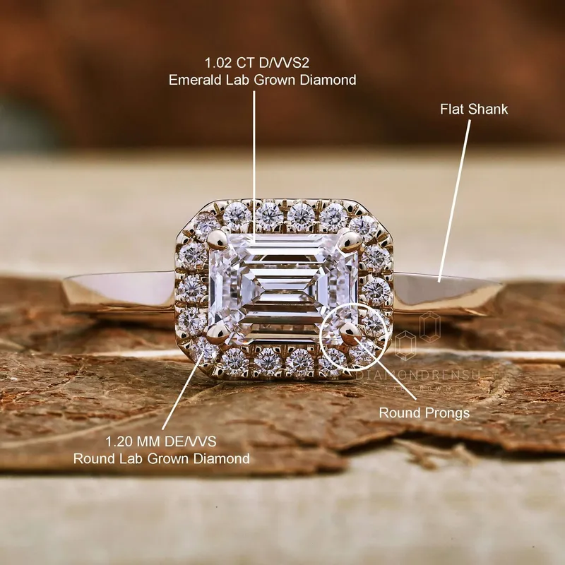 1.02 CT Emerald Cut D/VVS2 Lab Grown Diamond Halo Engagement Ring, Cathedral Set Ring vy 9