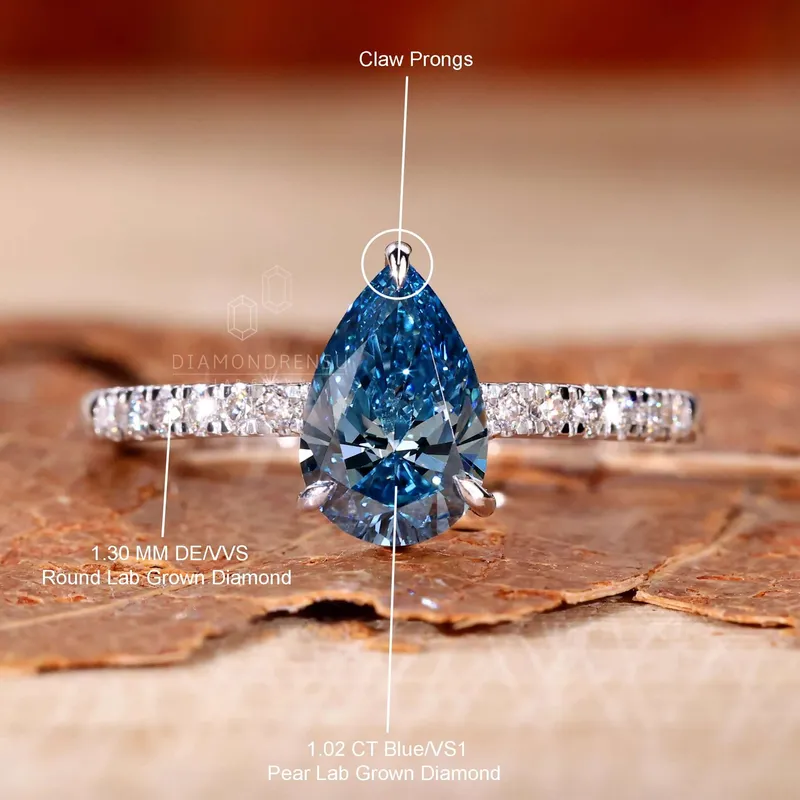 1.02 CT Fancy Blue Pear Cut Lab Grown Diamond Pave Engagement Ring view 9