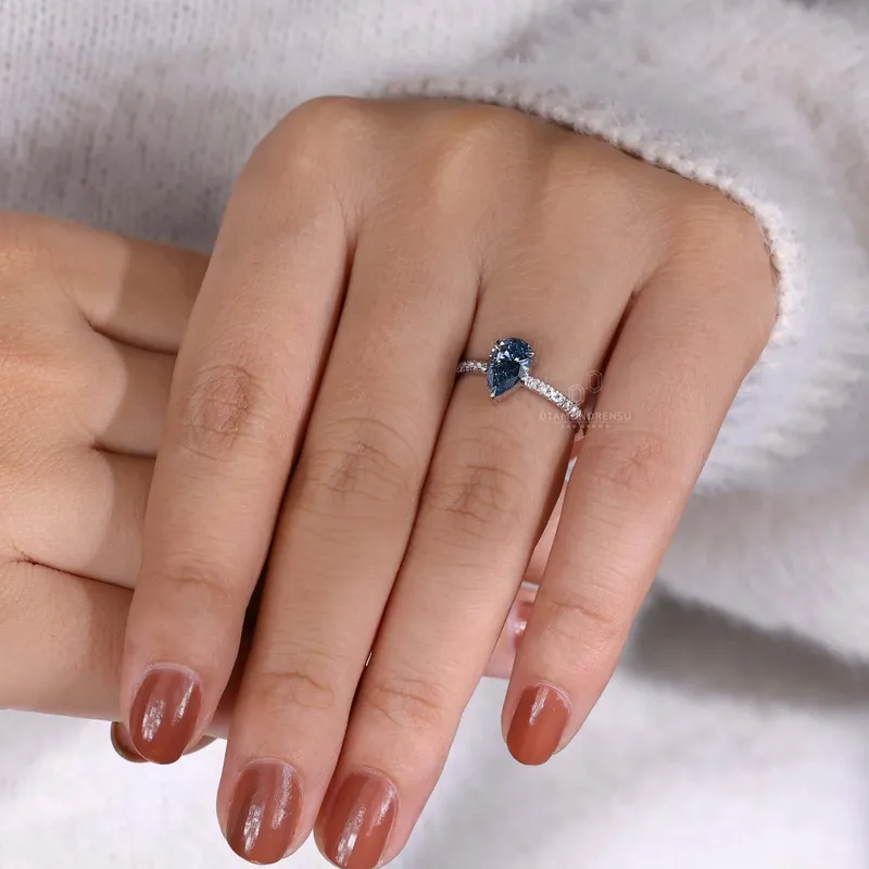 1.02 CT Fancy Blue Pear Cut Lab Grown Diamond Pave Engagement Ring view 6