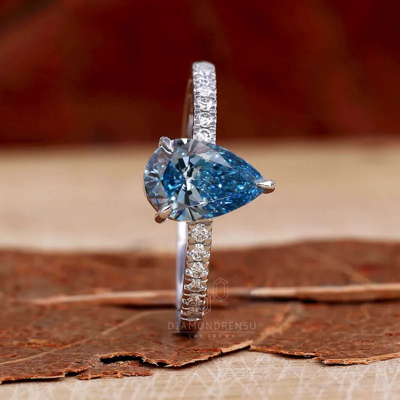 1.02 CT Fancy Blue Pear Cut Lab Grown Diamond Pave Engagement Ring view 4