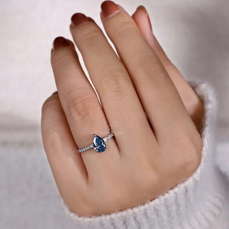 1.02 CT Fancy Blue Pear Cut Lab Grown Diamond Pave Engagement Ring view 2