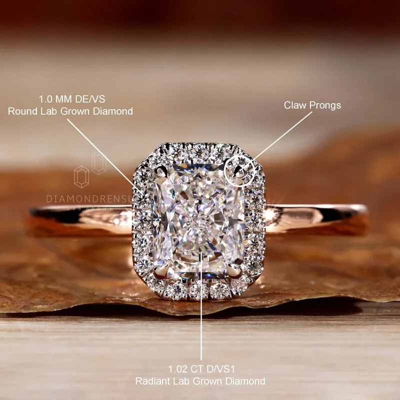 1.02 CT Radiant Cut D/VS1 Lab Grown Diamond Halo Engagement Ring vy 9