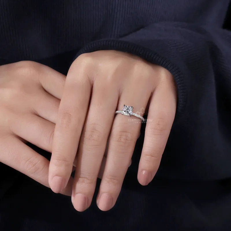 1.20 CT Cushion Cut Engagement Ring, Lab Grown Cushion Diamond Ring, Hidden Halo Ring view 2