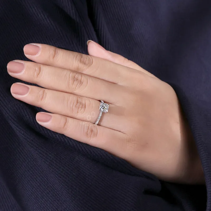 1.20 CT Cushion Cut Engagement Ring, Lab Grown Cushion Diamond Ring, Hidden Halo Ring view 6