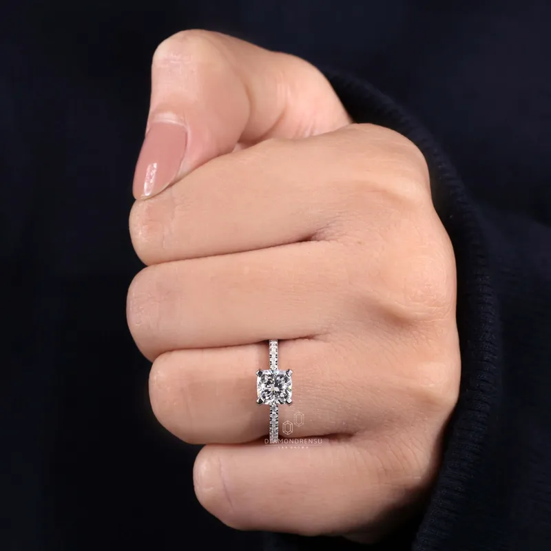 1.20 CT Cushion Cut Engagement Ring, Lab Grown Cushion Diamond Ring, Hidden Halo Ring view 8