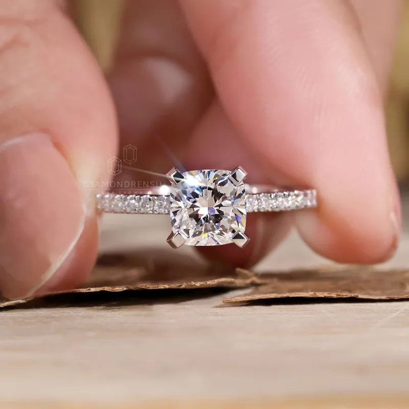 1.20 CT Cushion Cut Engagement Ring, Lab Grown Cushion Diamond Ring, Hidden Halo Ring view 4