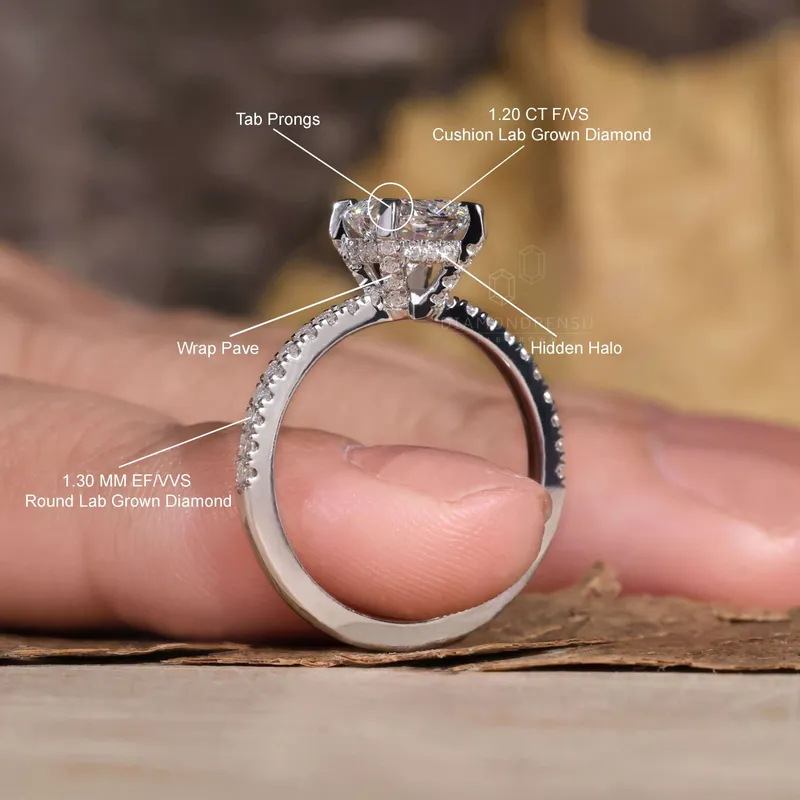 1.20 CT Cushion Cut Engagement Ring, Lab Grown Cushion Diamond Ring, Hidden Halo Ring view 9