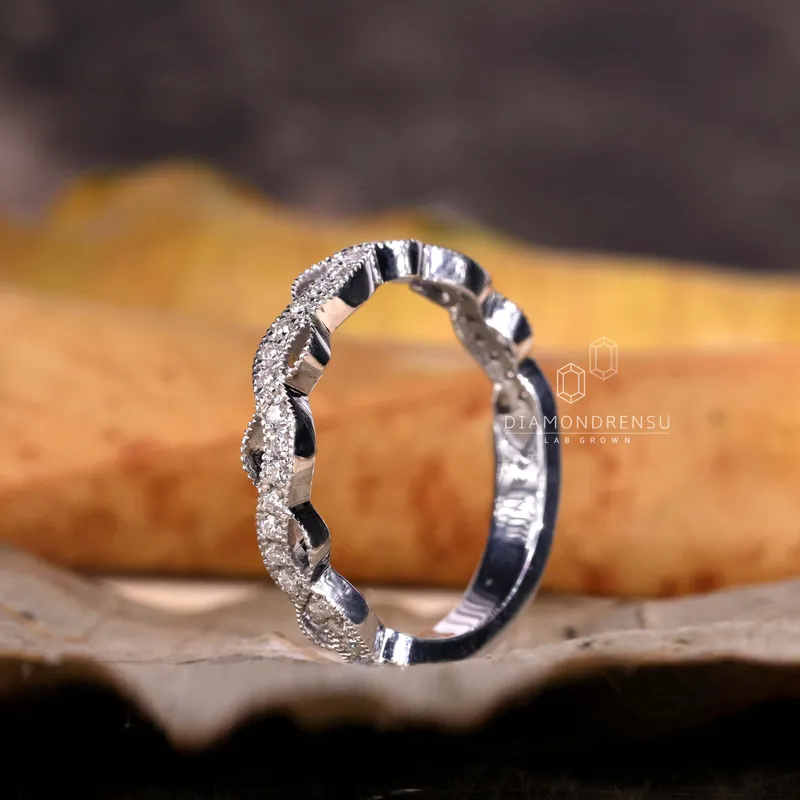 1.20 MM Round Lab Grown Diamonds Band, Wave Design Vintage Wedding Band view 4