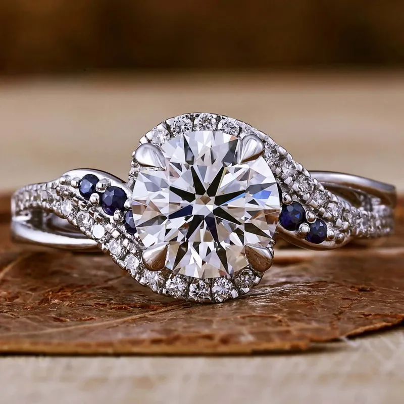 1.30 CT Round Lab Grown Diamond Halo Engagement Ring, IGI Certified Diamond blue sapphire round cut engagement ring