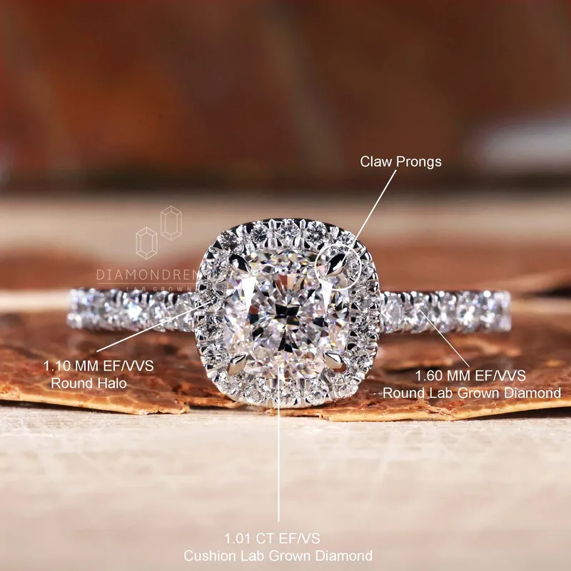 1.40 CT Cushion Cut Lab Grown Diamond Halo Engagement Ring view 9