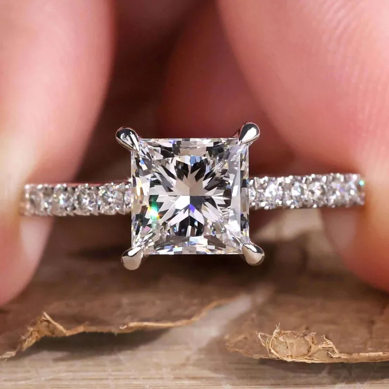 1.50 CT Princess Cut Diamond Ring, Pave Lab Grown Diamond Engagement Rings round cut engagement ring