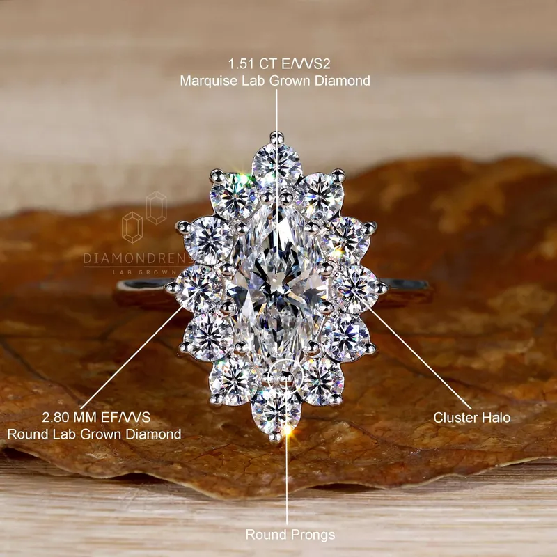 1.51 CT Marquise Cut Lab Grown Diamond Cluster Halo Engagement Ring vy 9