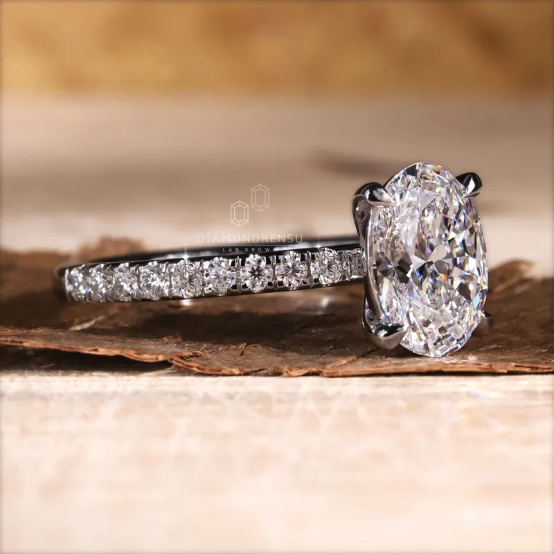 1.51 CT Oval Lab Grown Diamond Engagement Ring, Claw Prongs, Pave Setting view 3