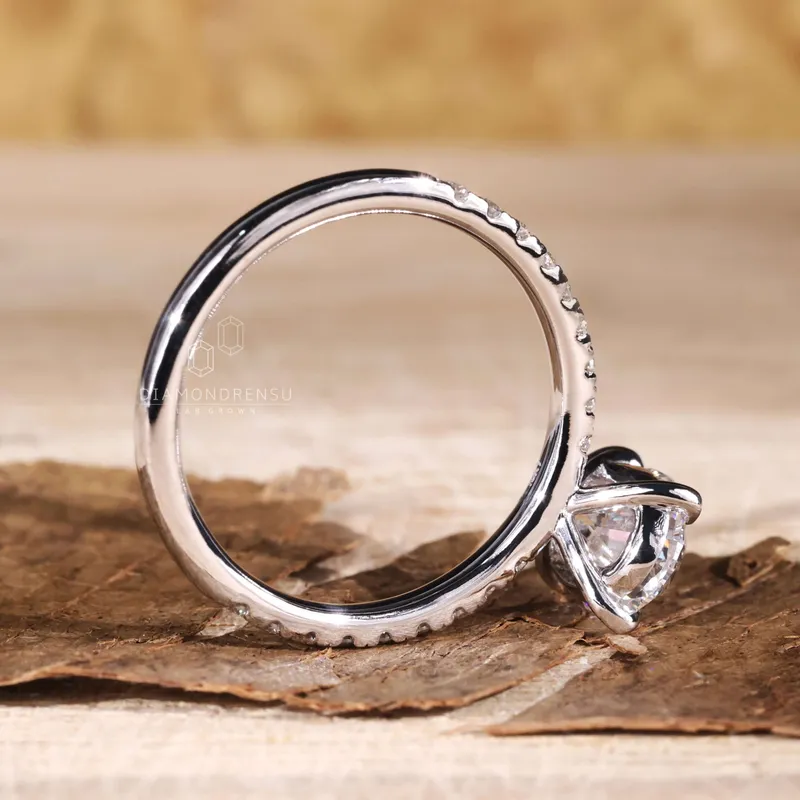 1.51 CT Oval Lab Grown Diamond Engagement Ring, Claw Prongs, Pave Setting view 9