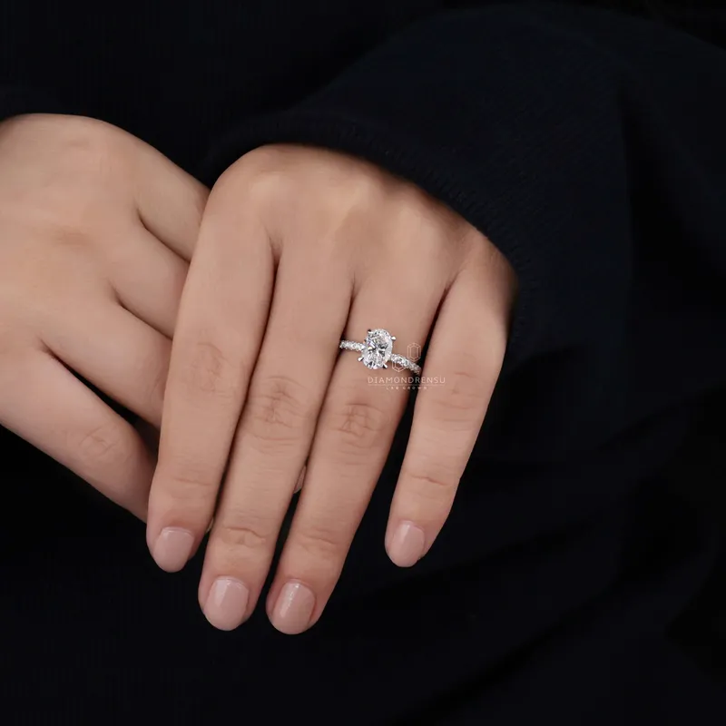 1.51 CT Oval Lab Grown Diamond Engagement Ring, Claw Prongs, Pave Setting view 2