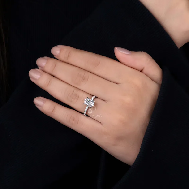 1.51 CT Oval Lab Grown Diamond Engagement Ring, Claw Prongs, Pave Setting view 6