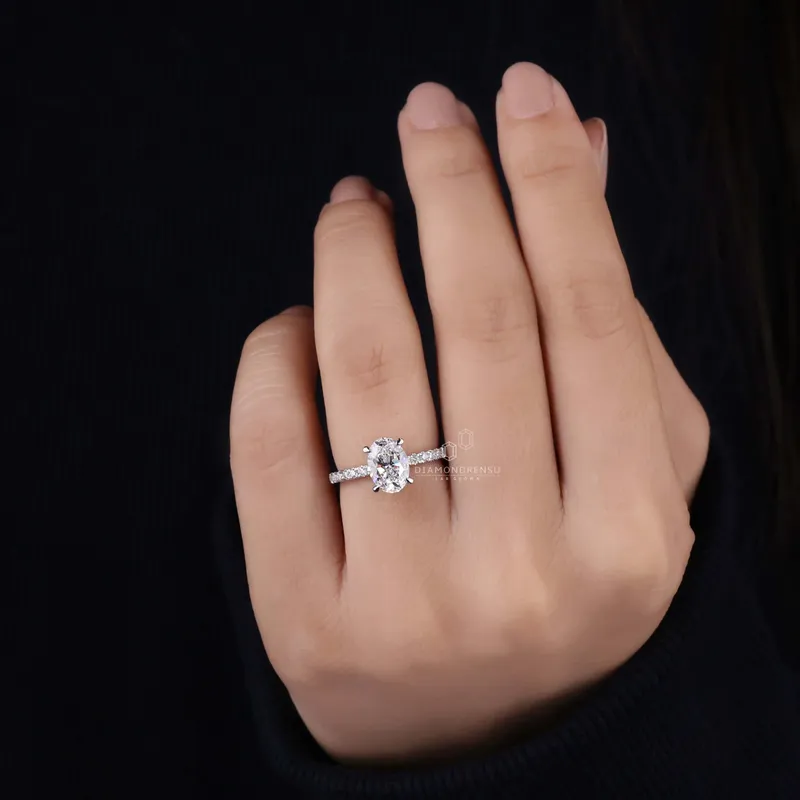 1.51 CT Oval Lab Grown Diamond Engagement Ring, Claw Prongs, Pave Setting view 8