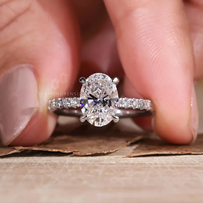 1.51 CT Oval Lab Grown Diamond Engagement Ring, Claw Prongs, Pave Setting view 4