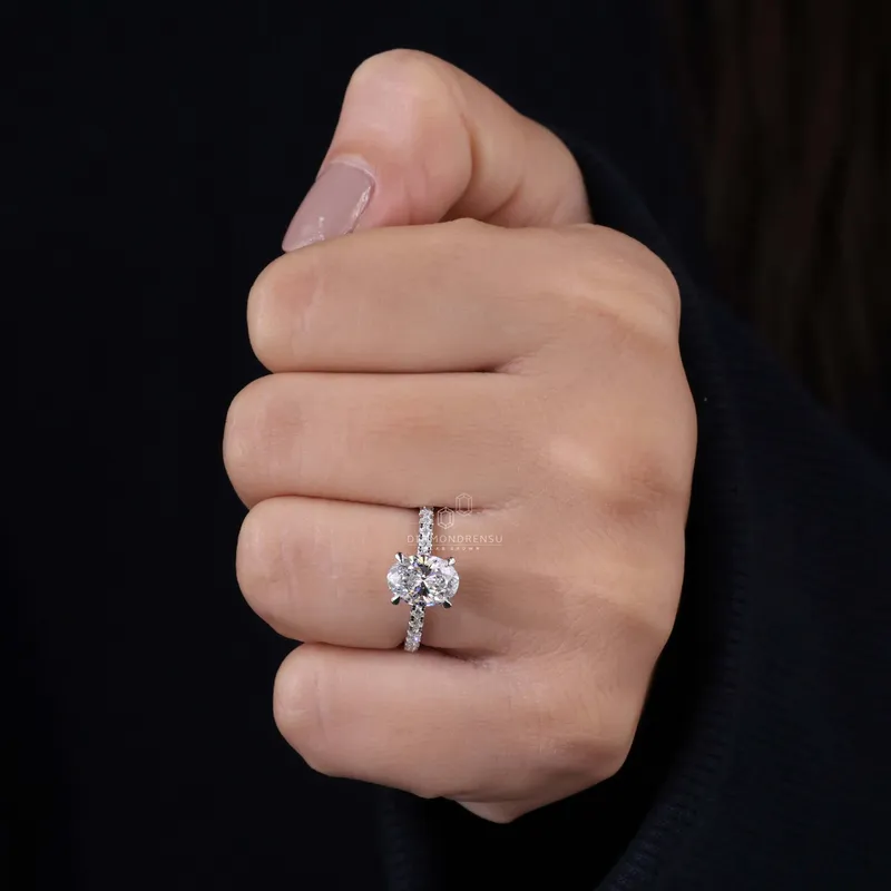 1.51 CT Oval Lab Grown Diamond Engagement Ring, Claw Prongs, Pave Setting view 7