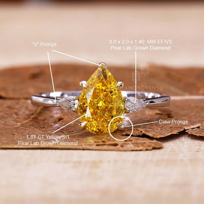 1.61 CT Pear Cut Intense Yellow Lab Grown Diamond Three Stones Engagement Ring vy 9