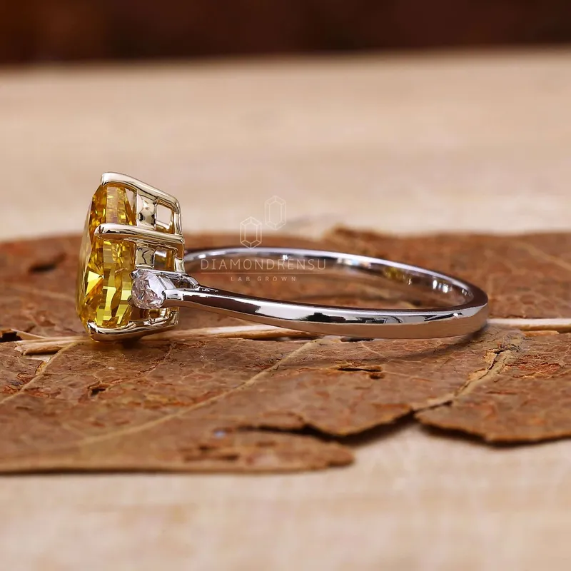 1.61 CT Pear Cut Intense Yellow Lab Grown Diamond Three Stones Engagement Ring vy 5