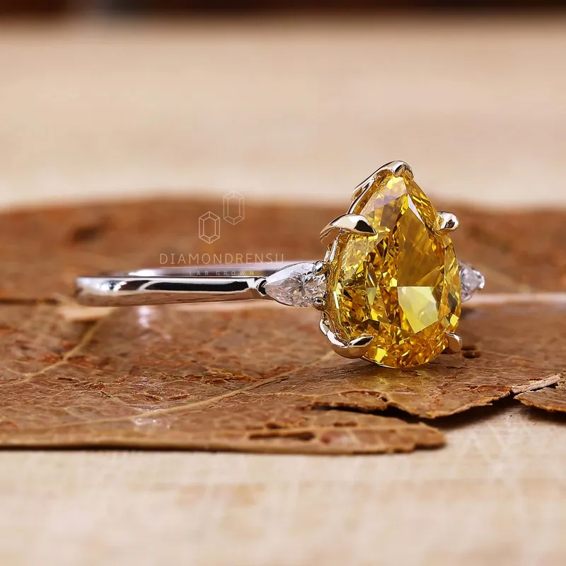 1.61 CT Pear Cut Intense Yellow Lab Grown Diamond Three Stones Engagement Ring vy 7