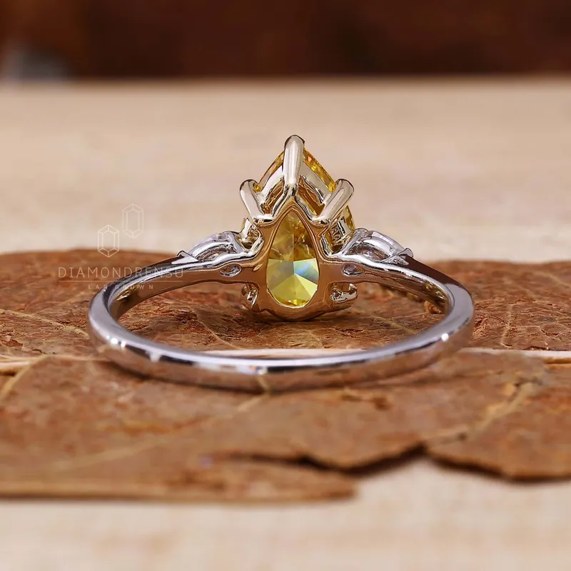 1.61 CT Pear Cut Intense Yellow Lab Grown Diamond Three Stones Engagement Ring vy 6