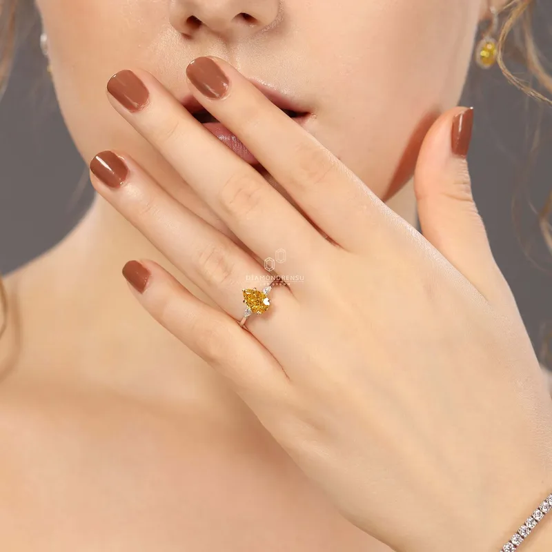 1.61 CT Pear Cut Intense Yellow Lab Grown Diamond Three Stones Engagement Ring vy 4