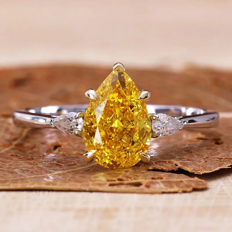 1.61 CT Pear Cut Intense Yellow Lab Grown Diamond Three Stones Engagement Ring yellow pear cut engagement ring
