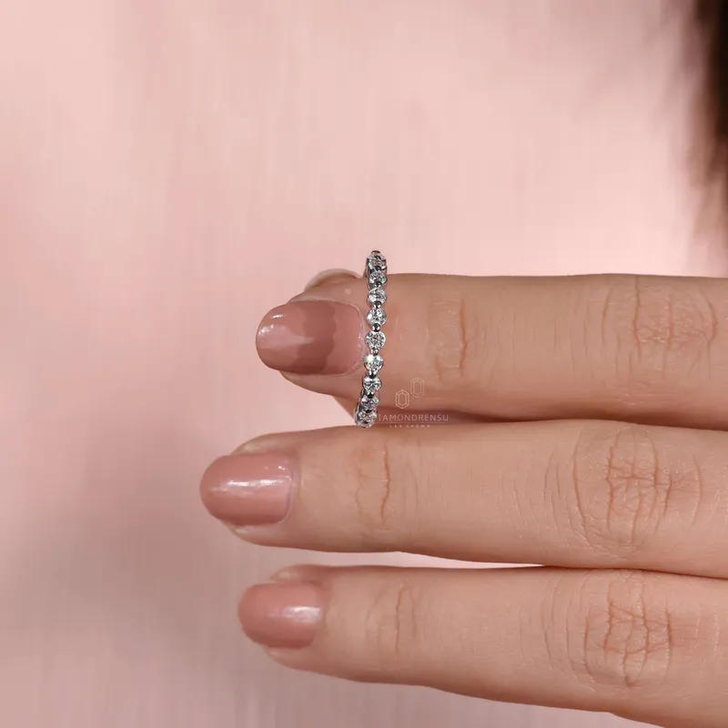 2.0 MM Round Lab Grown Diamond Floating Bubble Half Eternity Band, Stackable Wedding Band view 4