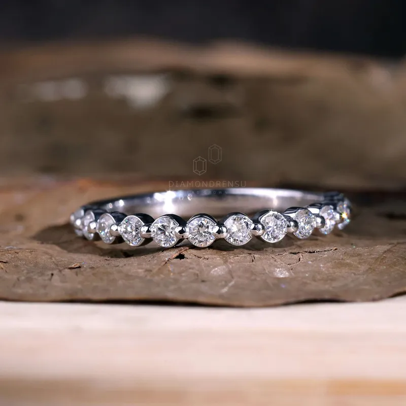 2.0 MM Round Lab Grown Diamond Floating Bubble Half Eternity Band, Stackable Wedding Band view 3