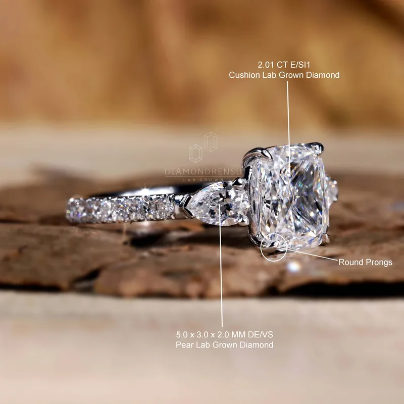 2.01 CT Elongated Cushion Lab Grown Diamond Three Stone Ring, IGI Certified vy 9