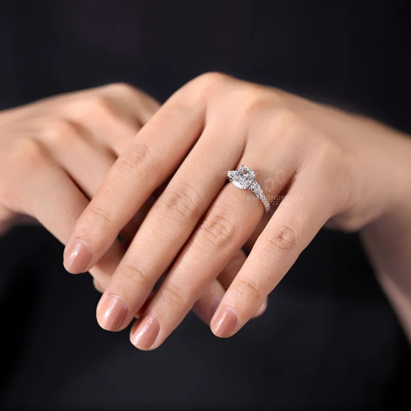 2.01 CT Elongated Cushion Lab Grown Diamond Three Stone Ring, IGI Certified vy 2