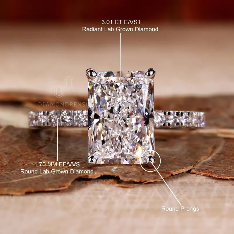 3.01 CT Radiant Cut Lab Grown Diamond Engagement Ring, Pave Set Ring view 9
