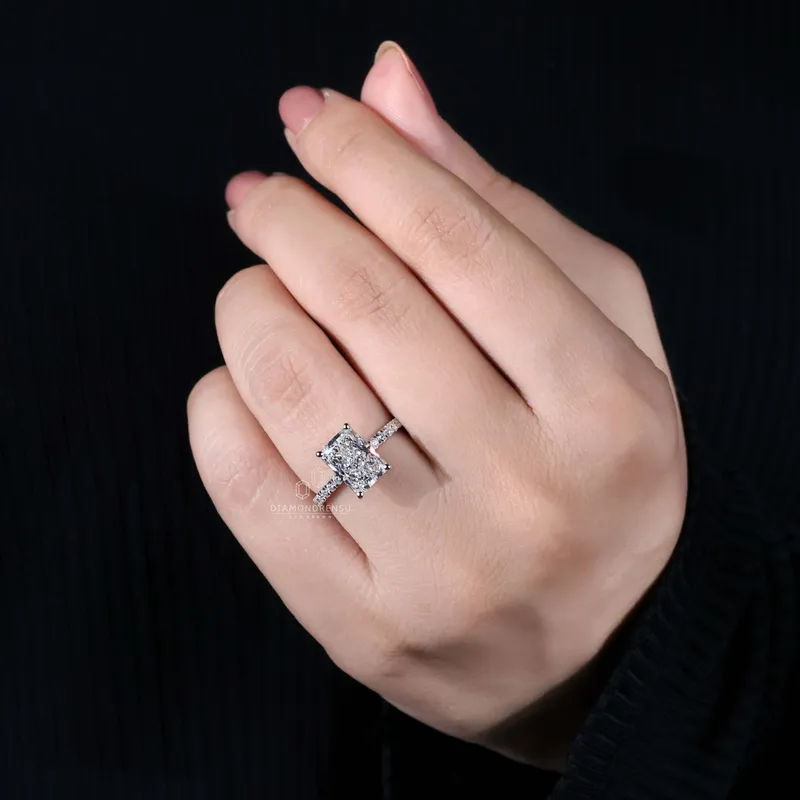 3.01 CT Radiant Cut Lab Grown Diamond Engagement Ring, Pave Set Ring view 2