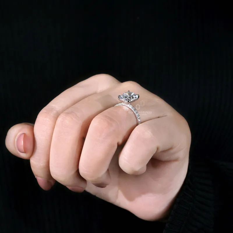 3.01 CT Radiant Cut Lab Grown Diamond Engagement Ring, Pave Set Ring view 8