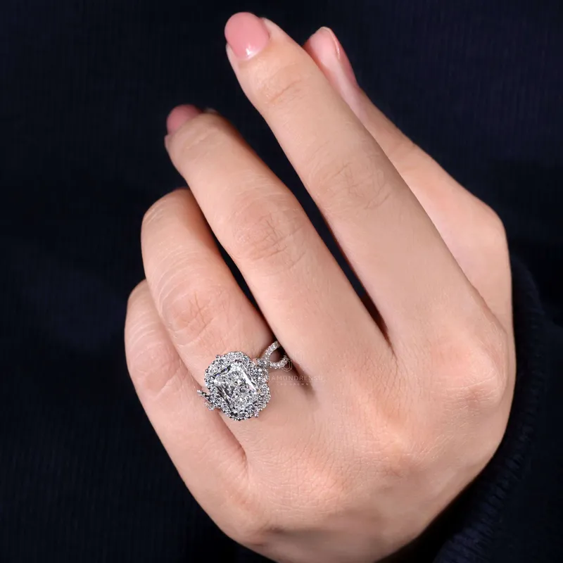 3.02 CT Radiant Cut Lab Grown Diamond Ring, Halo Engagement Ring, Vintage Style Ring vy 2