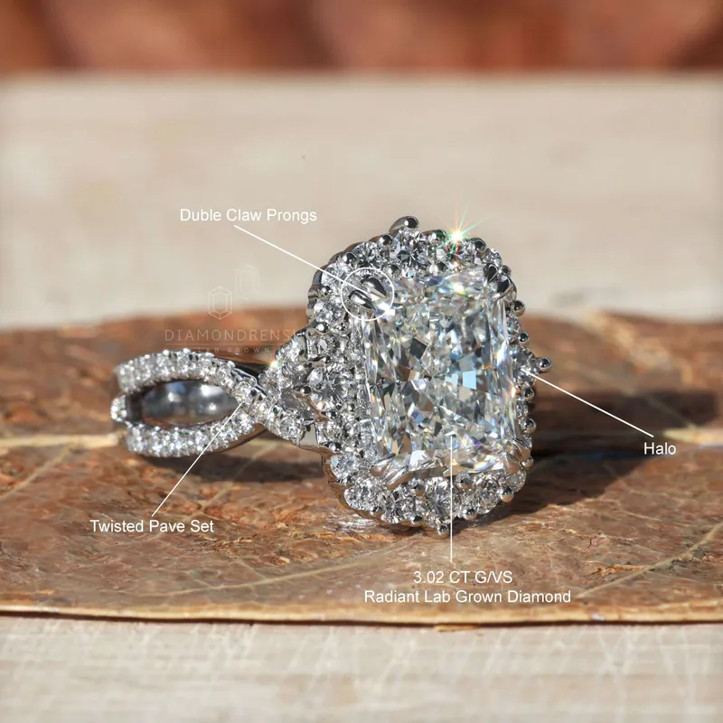 3.02 CT Radiant Cut Lab Grown Diamond Ring, Halo Engagement Ring, Vintage Style Ring vy 9