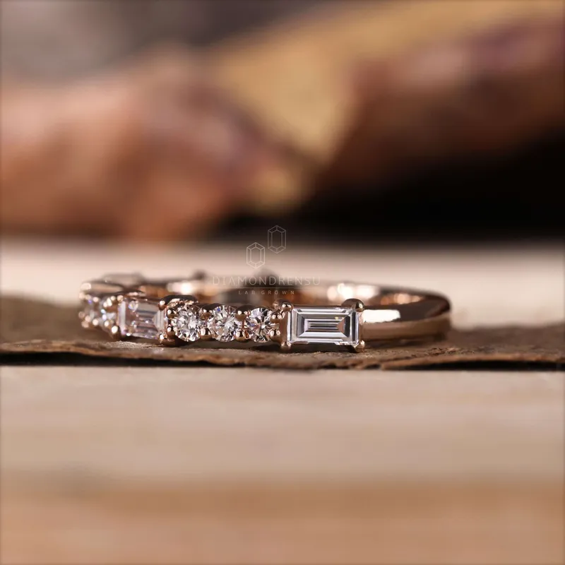 Baguette and Round Lab Grown Diamond Wedding Band, 0.69 TW Lab Created Diamond Half Eternity Band, Stackable Band view 4