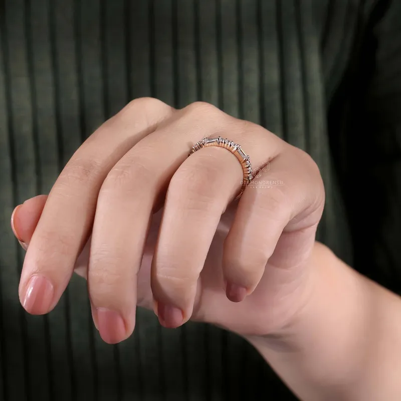 Baguette and Round Lab Grown Diamond Wedding Band, 0.69 TW Lab Created Diamond Half Eternity Band, Stackable Band view 9