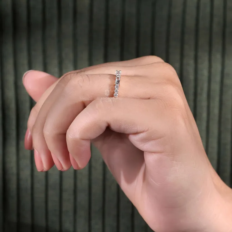 Baguette and Round Lab Grown Diamond Wedding Band, 0.69 TW Lab Created Diamond Half Eternity Band, Stackable Band view 10