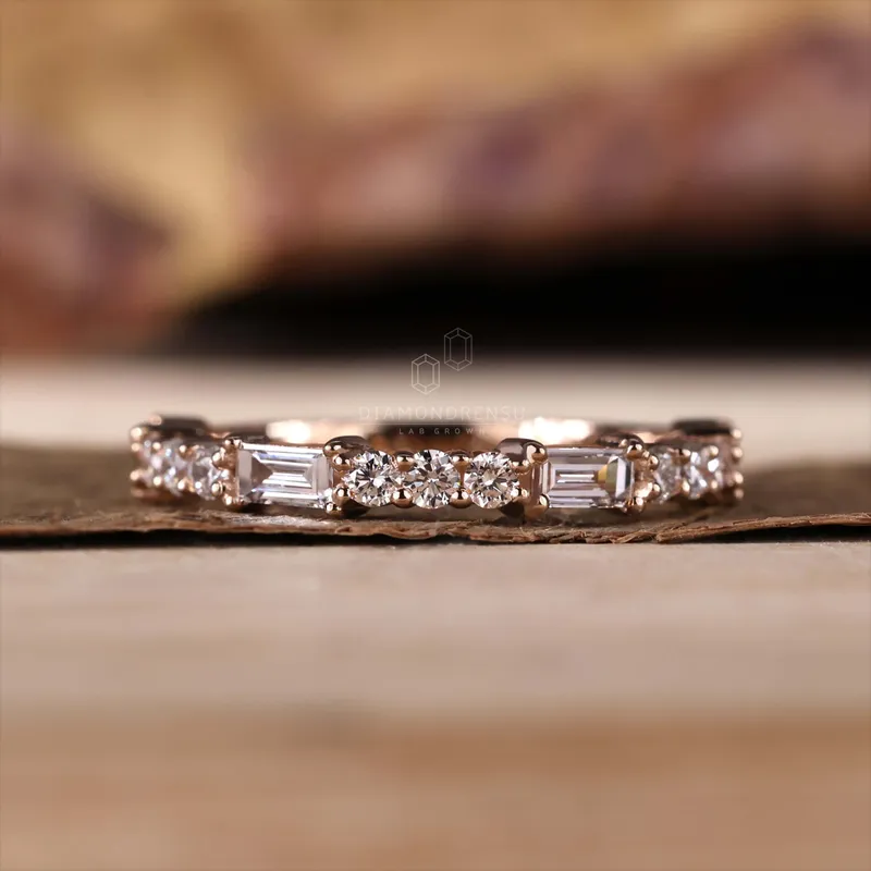 Baguette and Round Lab Grown Diamond Wedding Band, 0.69 TW Lab Created Diamond Half Eternity Band, Stackable Band view 3