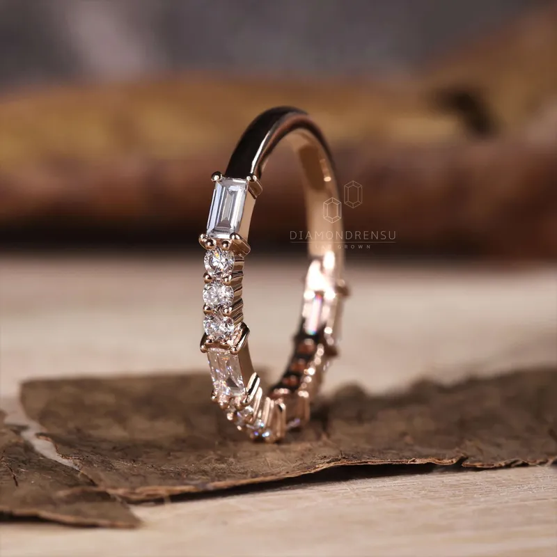 Baguette and Round Lab Grown Diamond Wedding Band, 0.69 TW Lab Created Diamond Half Eternity Band, Stackable Band view 5