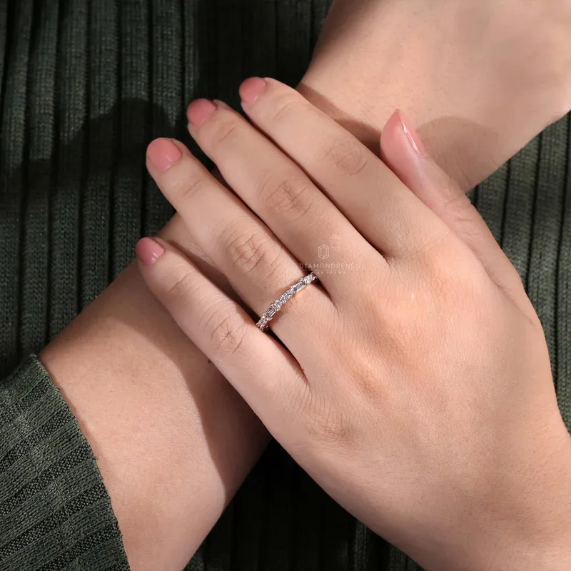 Baguette and Round Lab Grown Diamond Wedding Band, 0.69 TW Lab Created Diamond Half Eternity Band, Stackable Band view 2