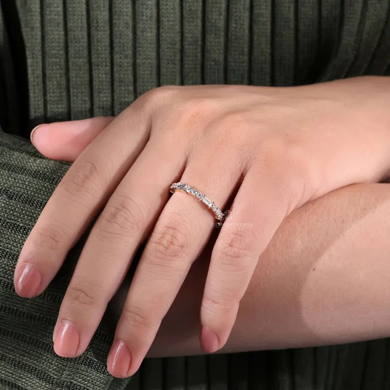 Baguette and Round Lab Grown Diamond Wedding Band, 0.69 TW Lab Created Diamond Half Eternity Band, Stackable Band view 8