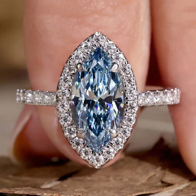 Blue Lab Grown Diamond, 1.51 CT Marquise Cut Lab Grown Diamond Ring blue round cut engagement ring