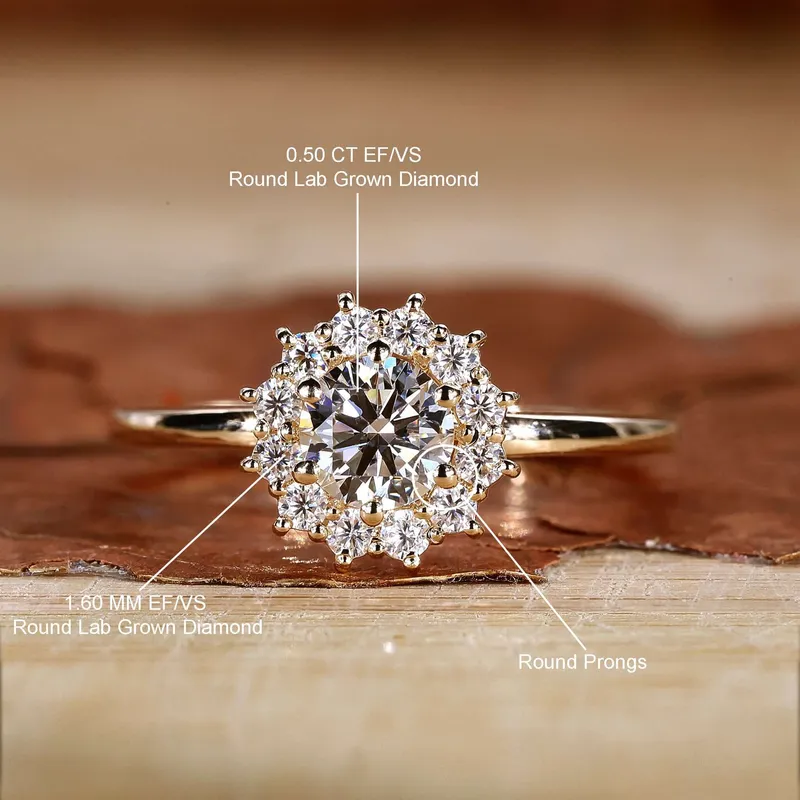Cluster Halo Ring, 0.50 CT Round Lab Grown Diamond Engagement Ring vy 9